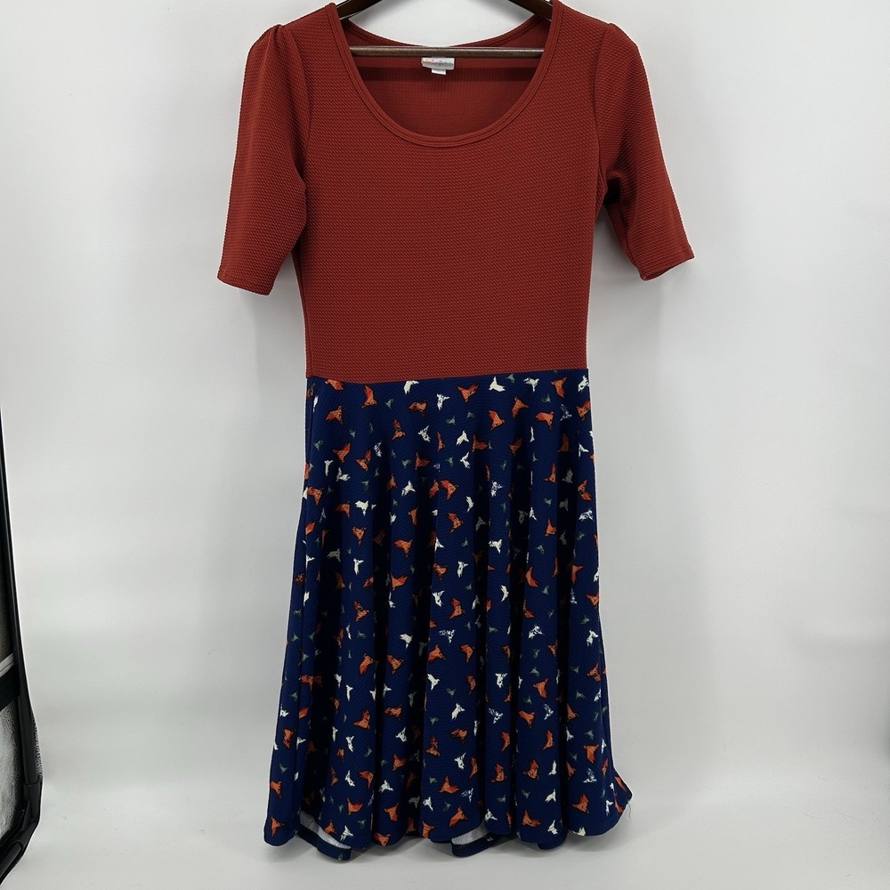 LuLaRoe Nicole Dress Women L Origami Crane Print Fit Flare Color Block Whimsical